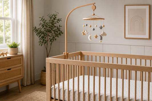 Secure baby mobile mounted high above a clear crib in a calm modern nursery