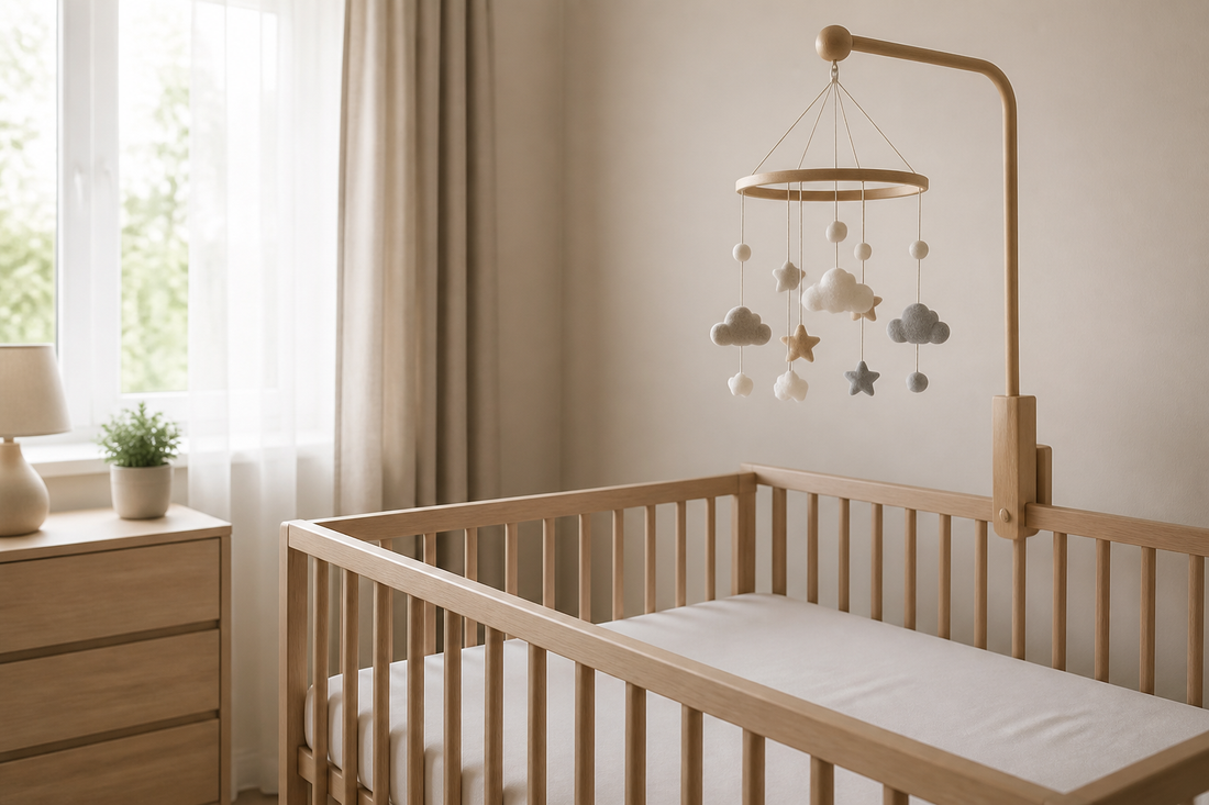 Soft modern nursery with a baby mobile mounted high above a bare crib in gentle nap-time daylight
