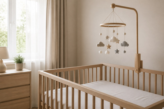 Soft modern nursery with a baby mobile mounted high above a bare crib in gentle nap-time daylight