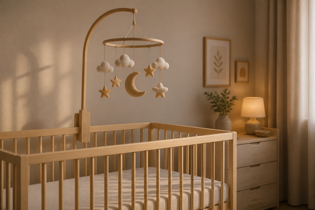 Soft modern nursery with a baby mobile mounted high above a bare crib in gentle bedtime light
