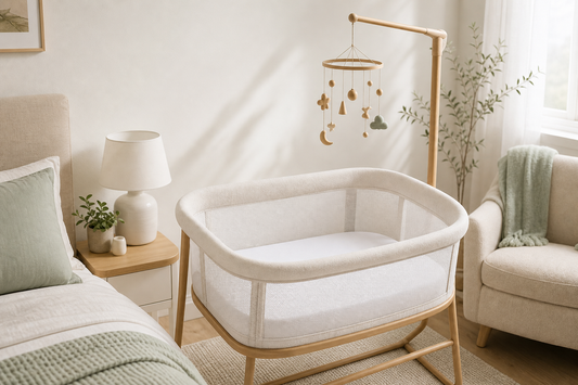 Empty bassinet with fitted sheet in a soft modern nursery and a decorative mobile positioned high and out of reach