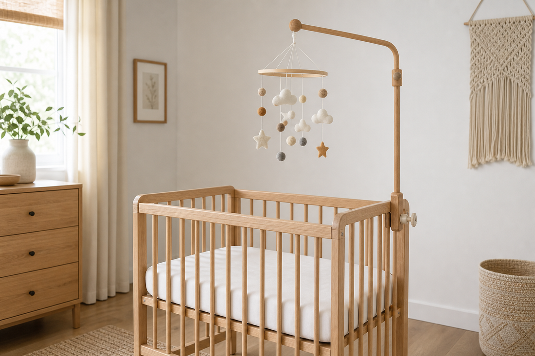 Mini crib with fitted sheet and a securely mounted baby mobile hanging high out of reach in a soft modern nursery