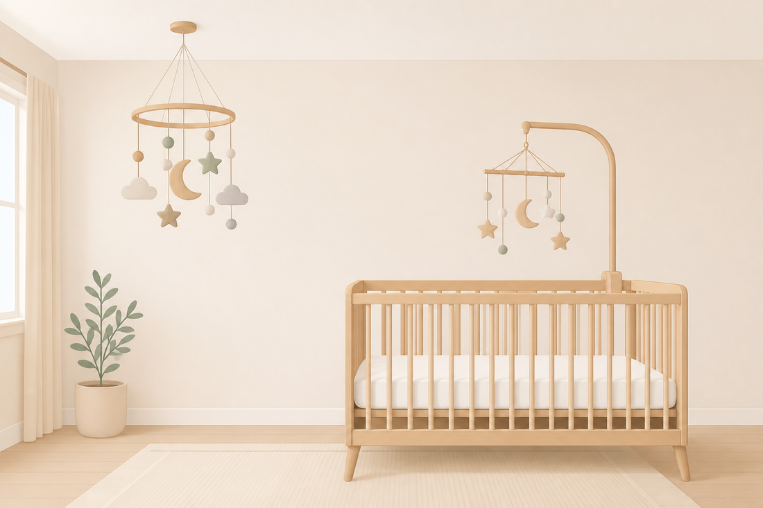 Soft modern nursery with a securely mounted crib-attached mobile high above an empty bare crib and a separate ceiling mobile used as decor away from the sleep space