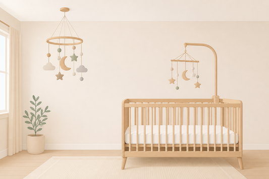 Soft modern nursery with a securely mounted crib-attached mobile high above an empty bare crib and a separate ceiling mobile used as decor away from the sleep space