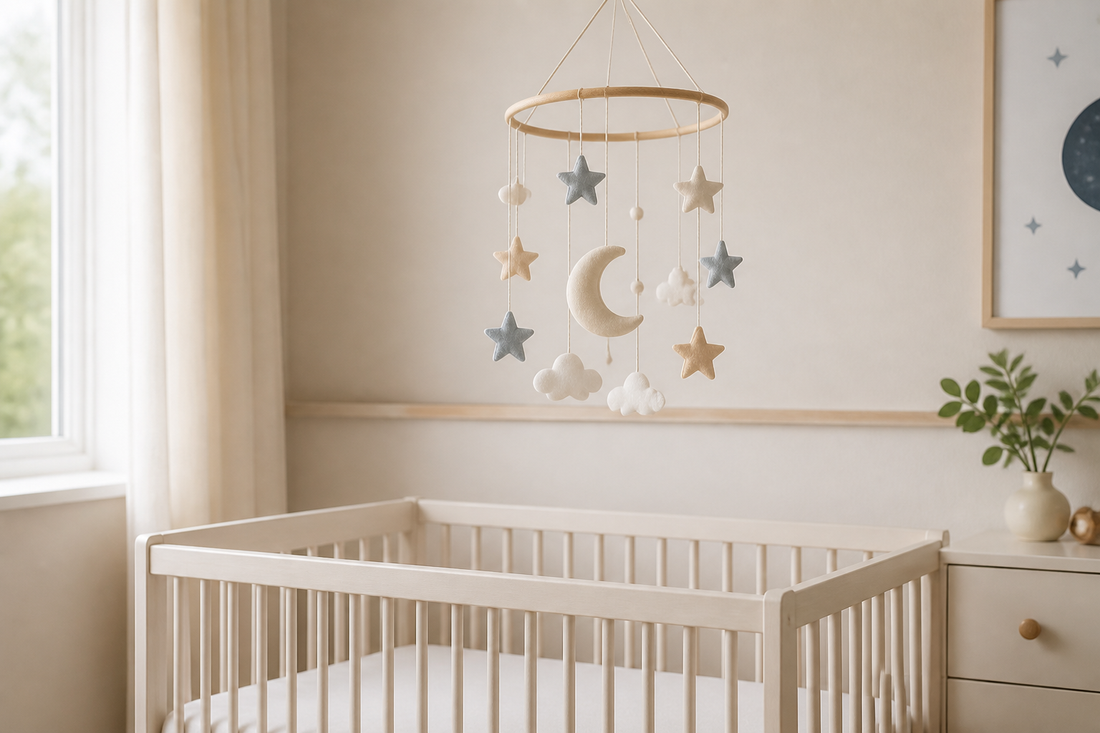 Soft modern nursery with a moon and stars baby mobile hanging high above a bare crib in gentle natural light