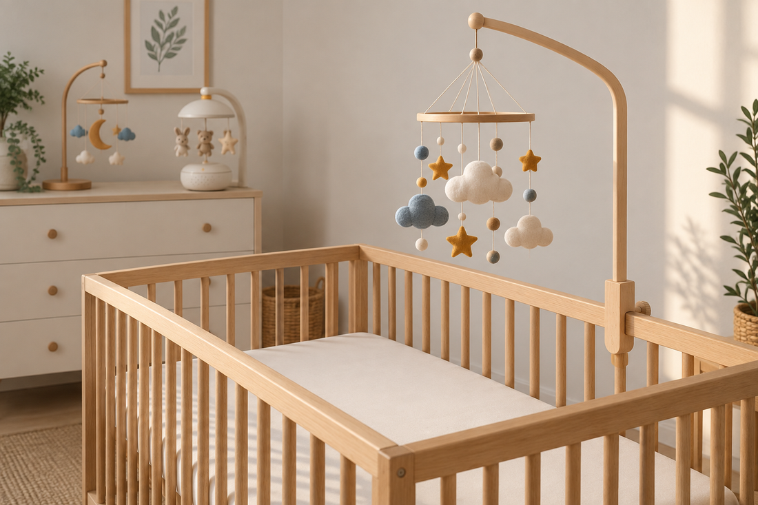 Blue, ochre and ivory cloud-and-star mobile mounted high above an empty oak crib in a softly lit nursery