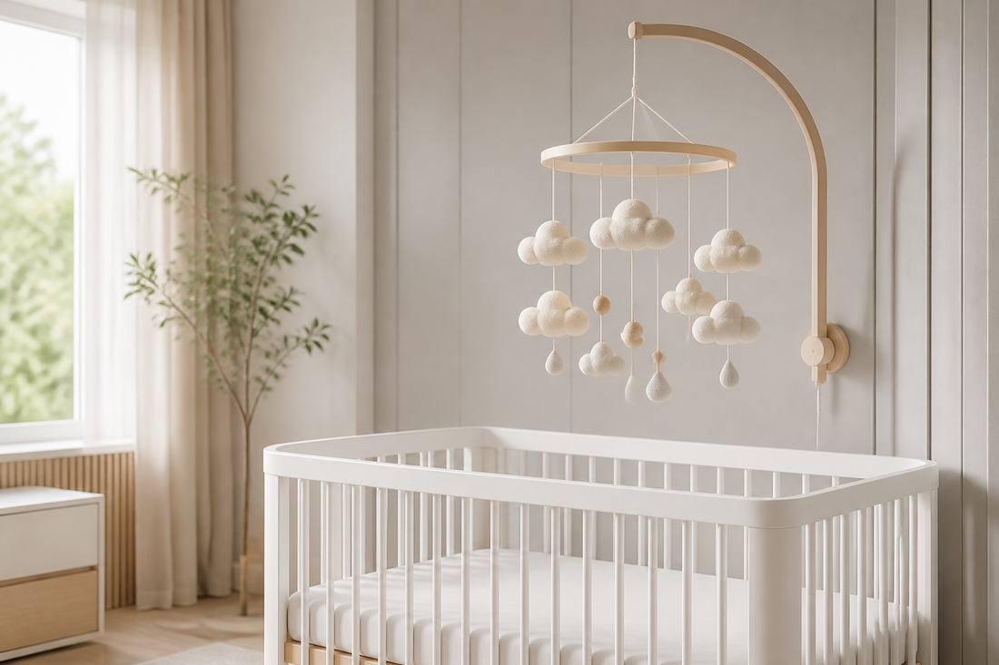 Soft modern nursery with a cream cloud baby mobile hanging high above a bare white crib in warm natural light