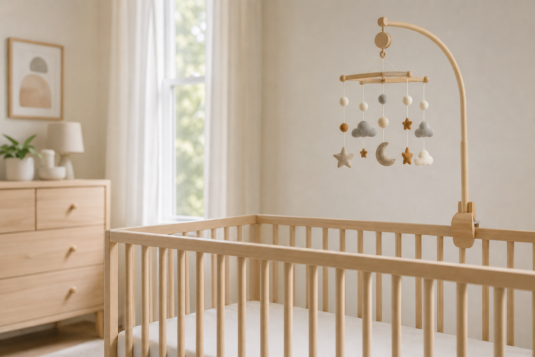 Secure baby crib mobile mounted high above a bare crib in a soft modern nursery with calm daylight