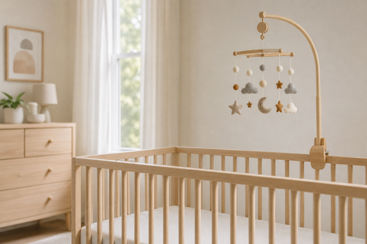 Secure baby crib mobile mounted high above a bare crib in a soft modern nursery with calm daylight