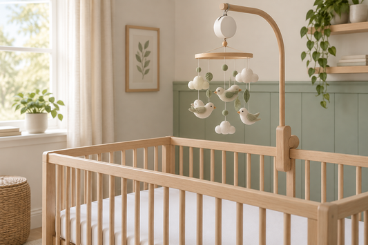 Cream and sage bird mobile with a small music unit mounted high above an empty oak crib with a fitted sheet