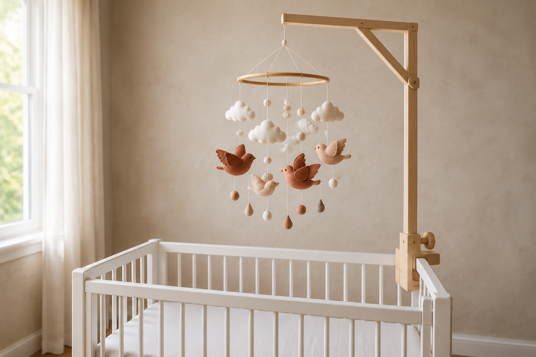 Handmade felt birds and clouds hanging from a wooden hoop above an empty white crib in gentle daylight