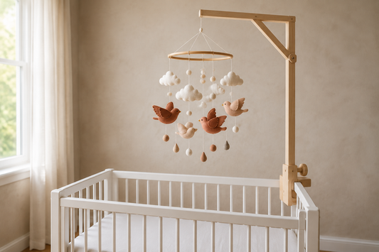 Handmade felt birds and clouds hanging from a wooden hoop above an empty white crib in gentle daylight