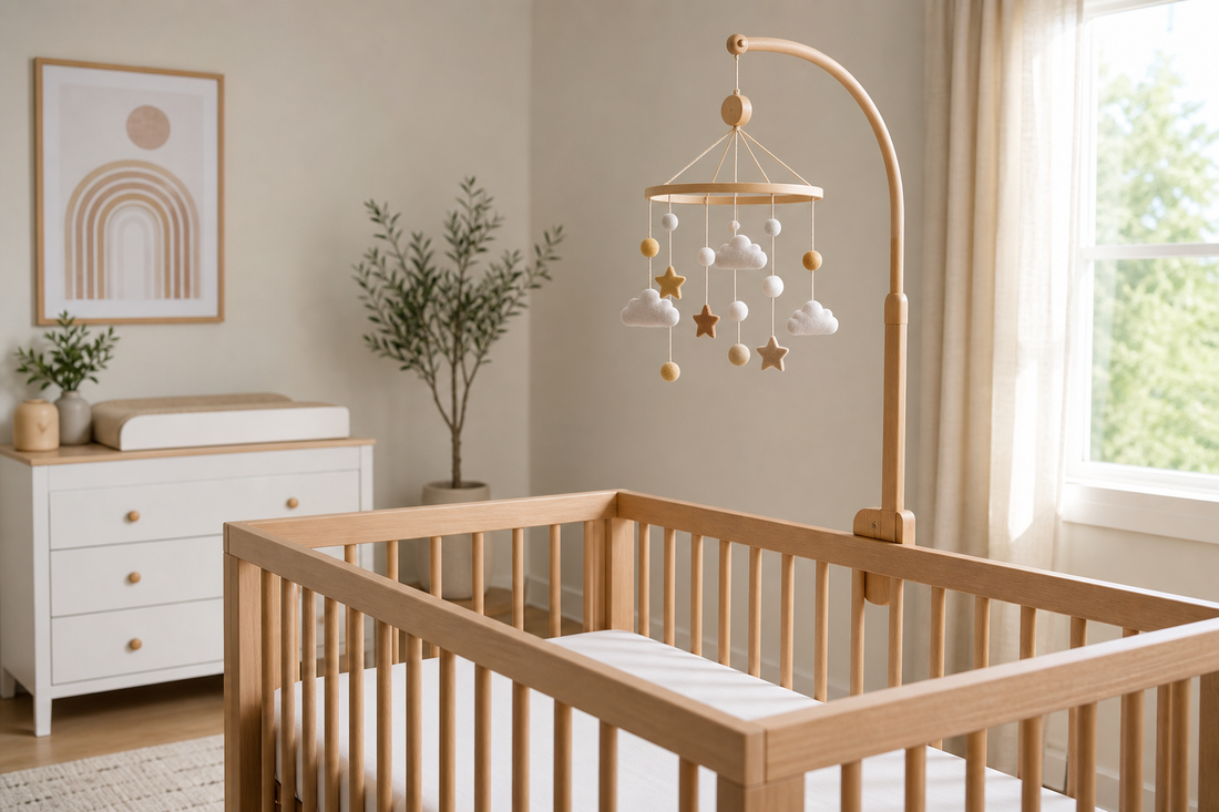 Secure baby mobile mounted high above a bare crib in soft daylight