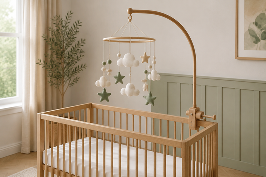 Felt cloud and star mobile on a wooden arm above an empty oak crib in a softly lit nursery