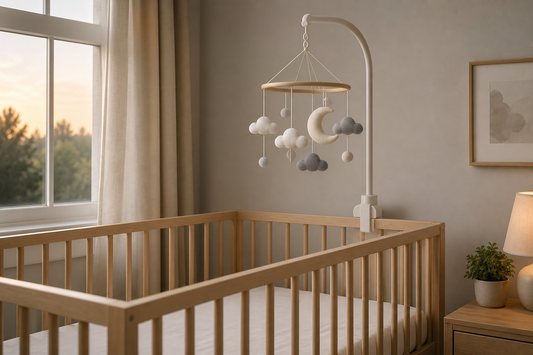 Soft modern nursery with a simple baby mobile mounted high above a bare crib in gentle daylight