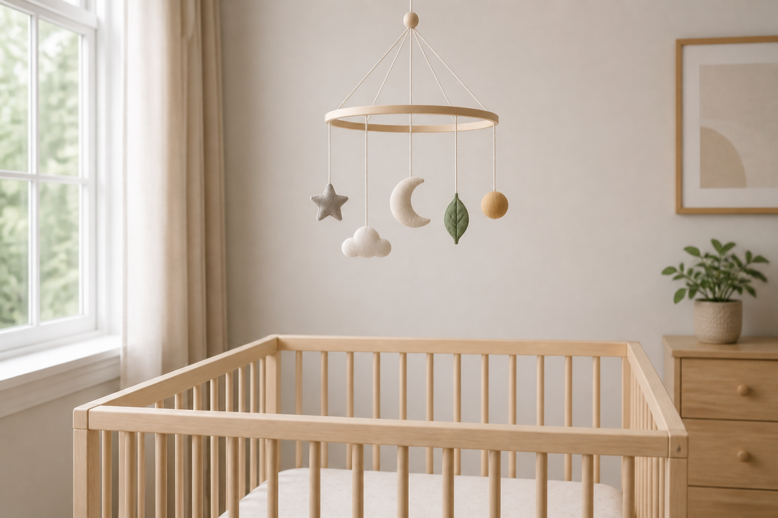 Soft modern nursery with a balanced five-piece baby mobile hanging high above a bare crib in gentle daylight