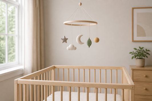 Soft modern nursery with a balanced five-piece baby mobile hanging high above a bare crib in gentle daylight