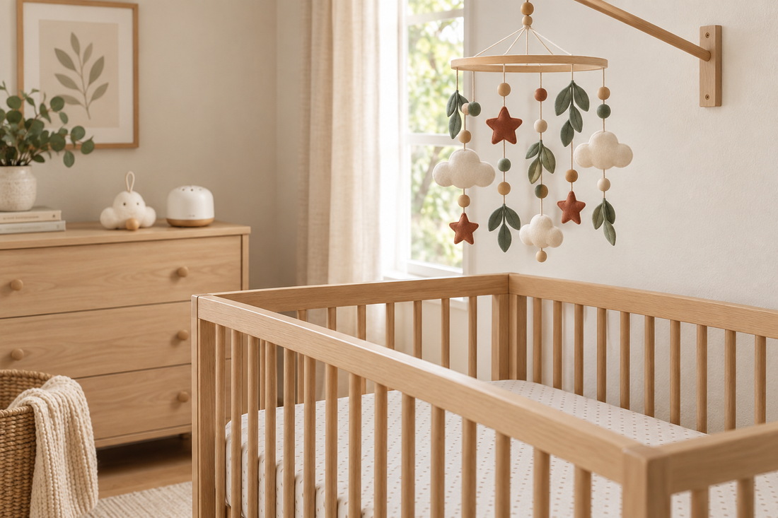 Cream, sage and terracotta felt baby mobile mounted high above an empty natural oak crib in a softly lit nursery