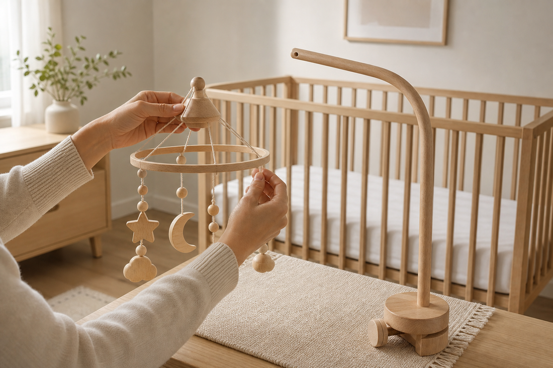 Adult hands inspecting a wooden baby mobile and crib mobile hanger on a nursery table beside a clear bare crib in soft daylight
