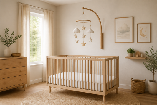 Soft modern nursery built around one cloud-and-star baby mobile above a bare crib with pale wood accents and gentle natural light