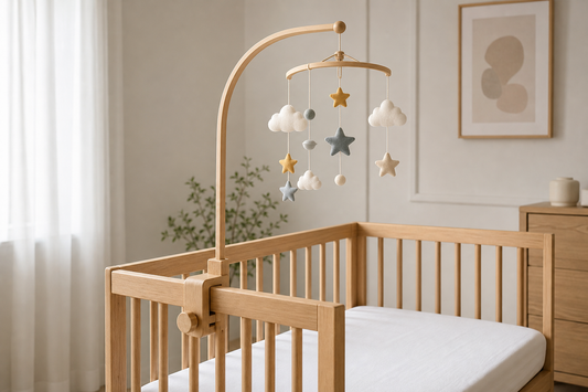 Secure wooden crib mobile hanger clamped above a bare crib in a calm modern nursery