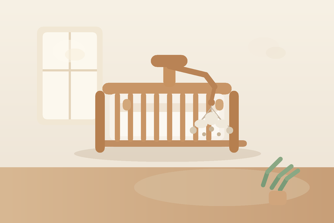 Convertible-style crib with thick rounded rails, fitted sheet only, and a secure wooden baby mobile hanger holding a neutral felt mobile high above the mattress in a calm modern nursery