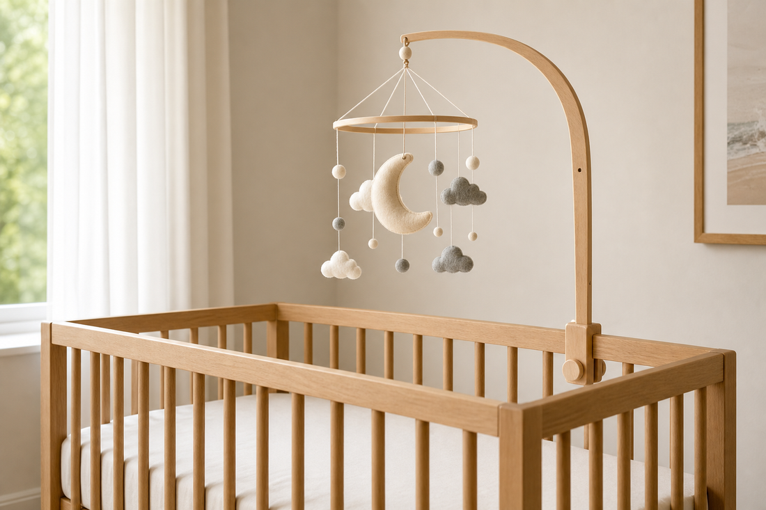 Soft modern nursery with a secure wooden baby mobile hanger fitted to a crib rail above a bare crib in warm daylight