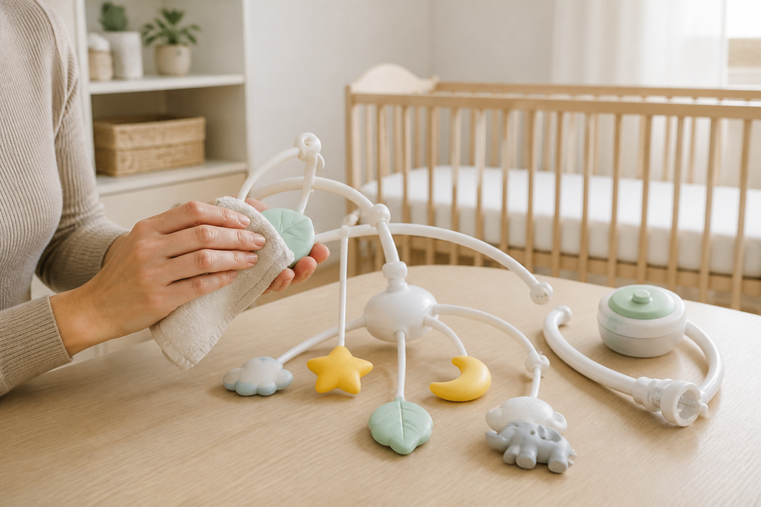 Parent hands wiping a plastic baby mobile on a nursery table beside a bare crib in soft daylight