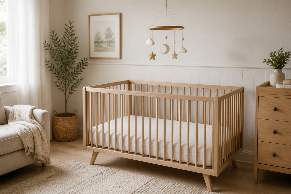 Soft modern nursery with coordinated crib bedding tones, a bare crib, and a baby mobile hanging high above the crib area in gentle daylight