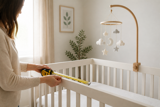 Close-up of a crib rail being measured for a wooden baby mobile hanger beside a bare crib in a soft modern nursery with the mobile hanging high and out of reach