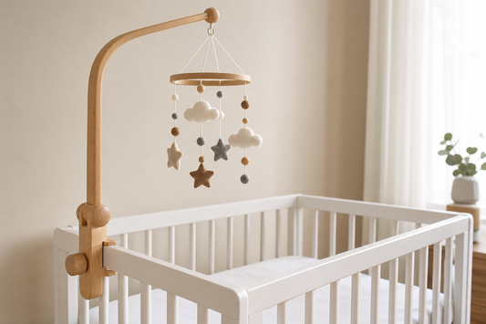 Close-up of a wooden baby mobile hanger attached securely to a crib rail in a soft modern nursery with a simple neutral mobile hanging high