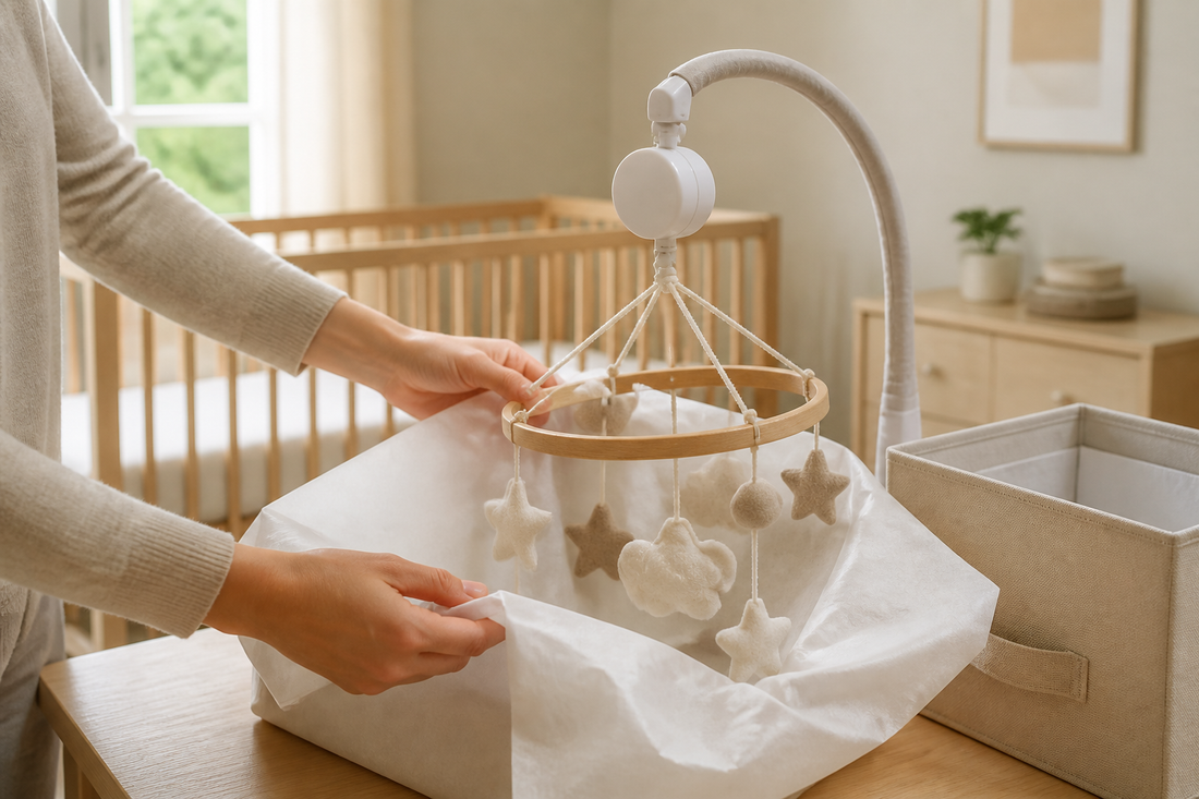 Parent hands inspecting and storing a baby mobile on a nursery table beside a clean storage box in soft daylight