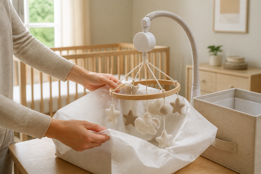 Parent hands inspecting and storing a baby mobile on a nursery table beside a clean storage box in soft daylight