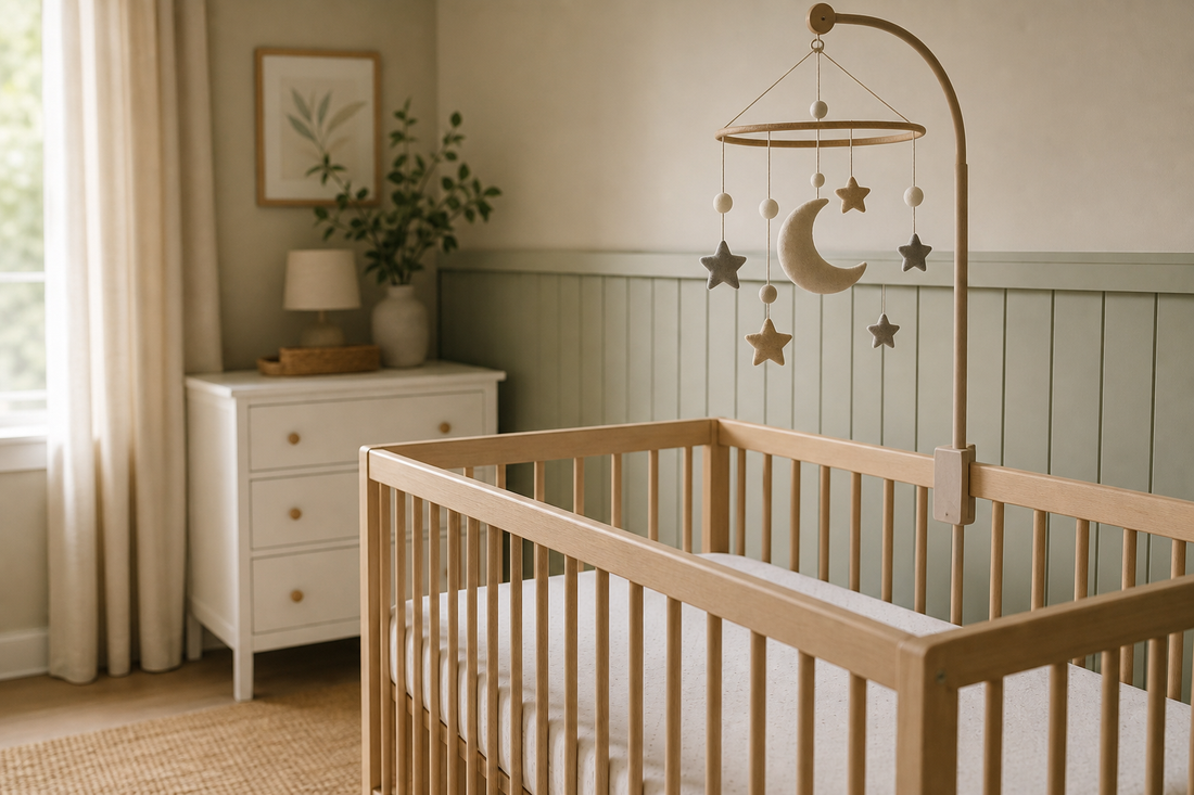 Soft modern nursery with a simple baby mobile mounted high above a bare newborn crib in gentle daylight