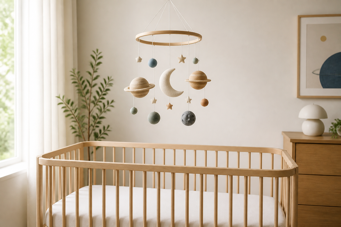 Styled modern nursery with a moon and planet baby mobile hanging high above a bare crib in soft natural light