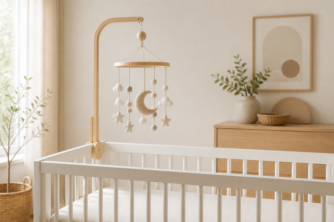 Modern neutral nursery with a bare white crib, natural wood mobile hanger, and soft beige baby mobile in gentle daylight