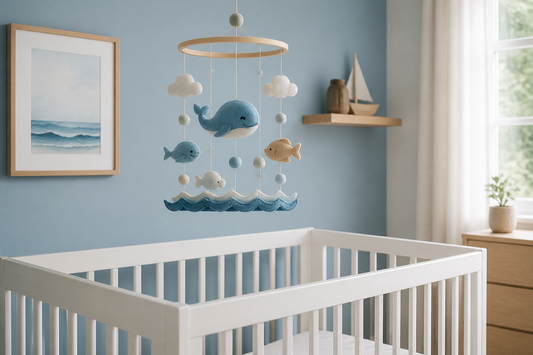 Ocean-themed baby mobile in a soft blue nursery above a bare white crib with gentle daylight