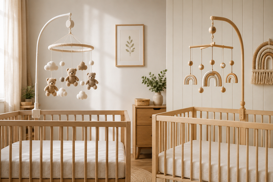 Soft modern nursery comparison scene with a plush bear-and-cloud baby mobile and a pale wooden rainbow mobile hanging safely high above two bare crib setups in gentle morning light