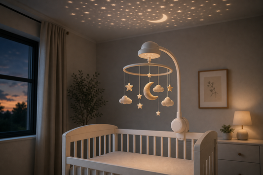 Soft modern nursery with a projection crib mobile casting gentle stars on the ceiling beside a musical mobile above a bare crib