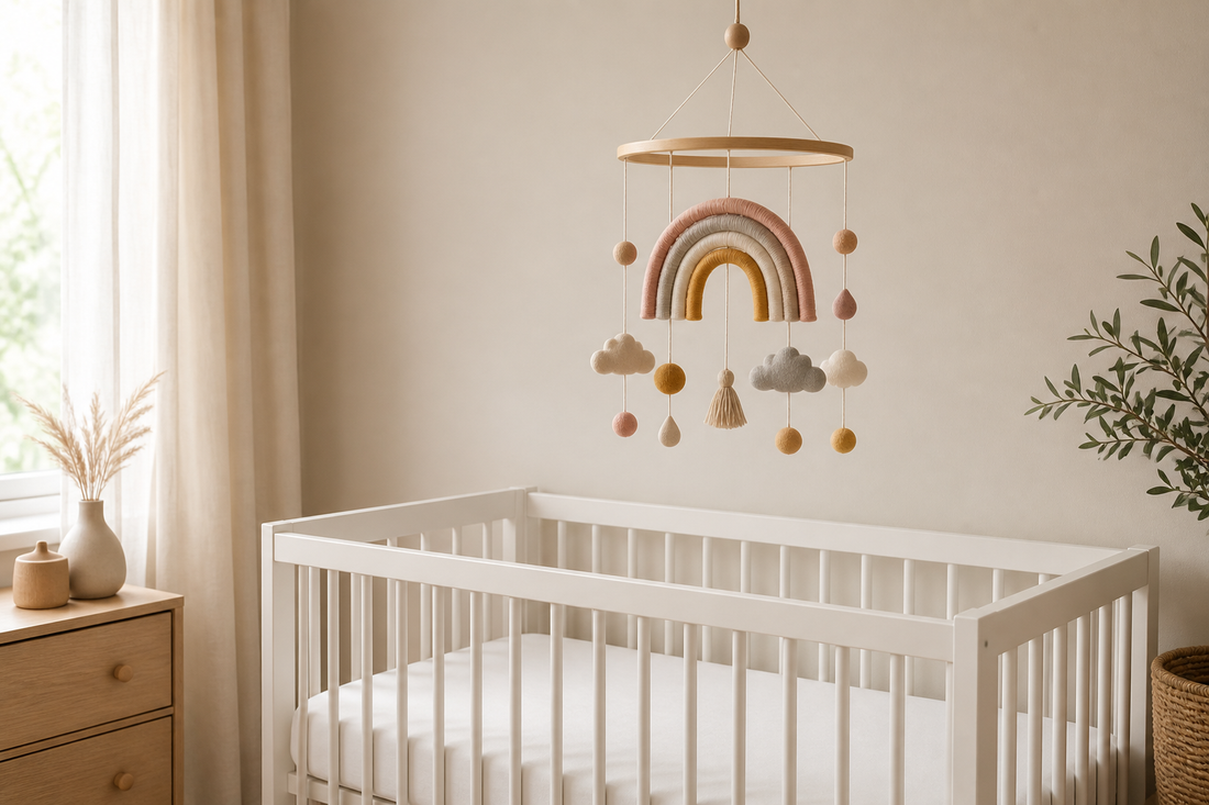 Warm neutral nursery with a muted rainbow baby mobile hanging high above a bare white crib in soft natural light