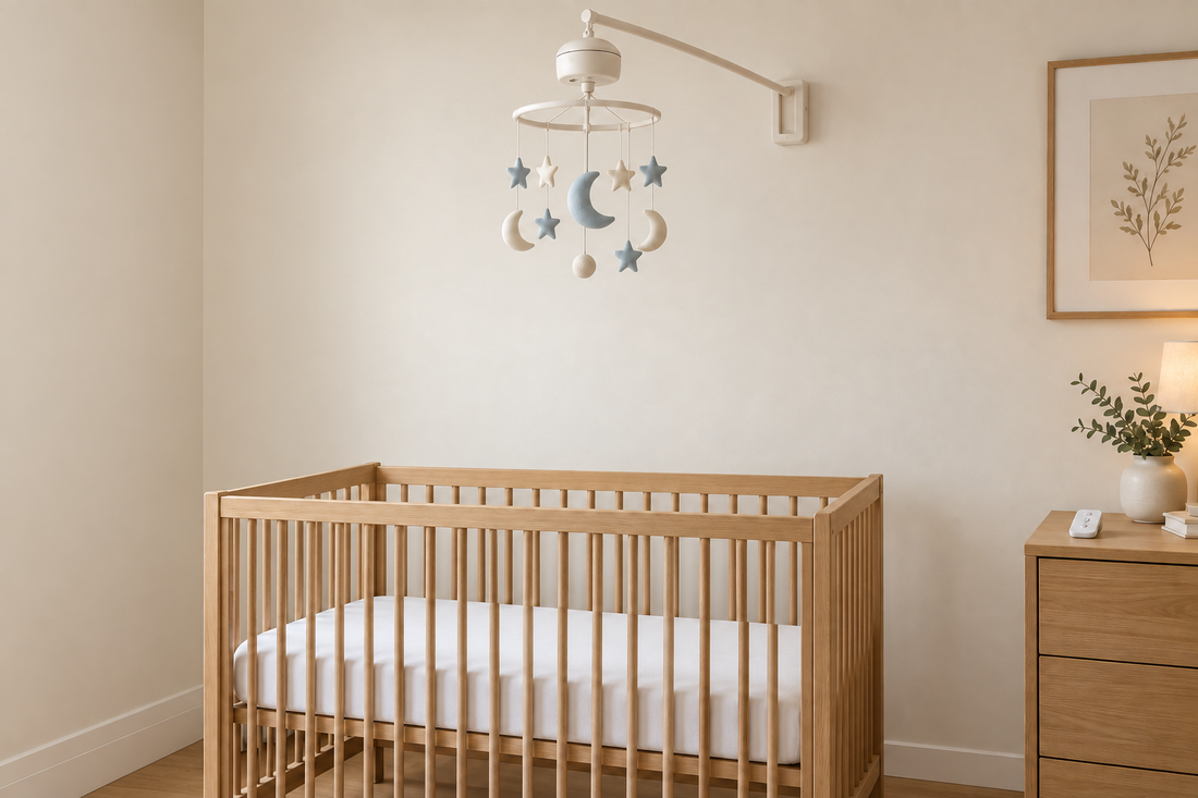 Blue and cream moon-and-star mobile high above a bare oak crib, with a remote on a separate dresser