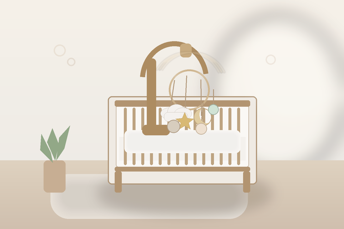 Soft modern nursery with a gently rotating baby mobile above a bare crib and simple wooden hanger in warm daylight