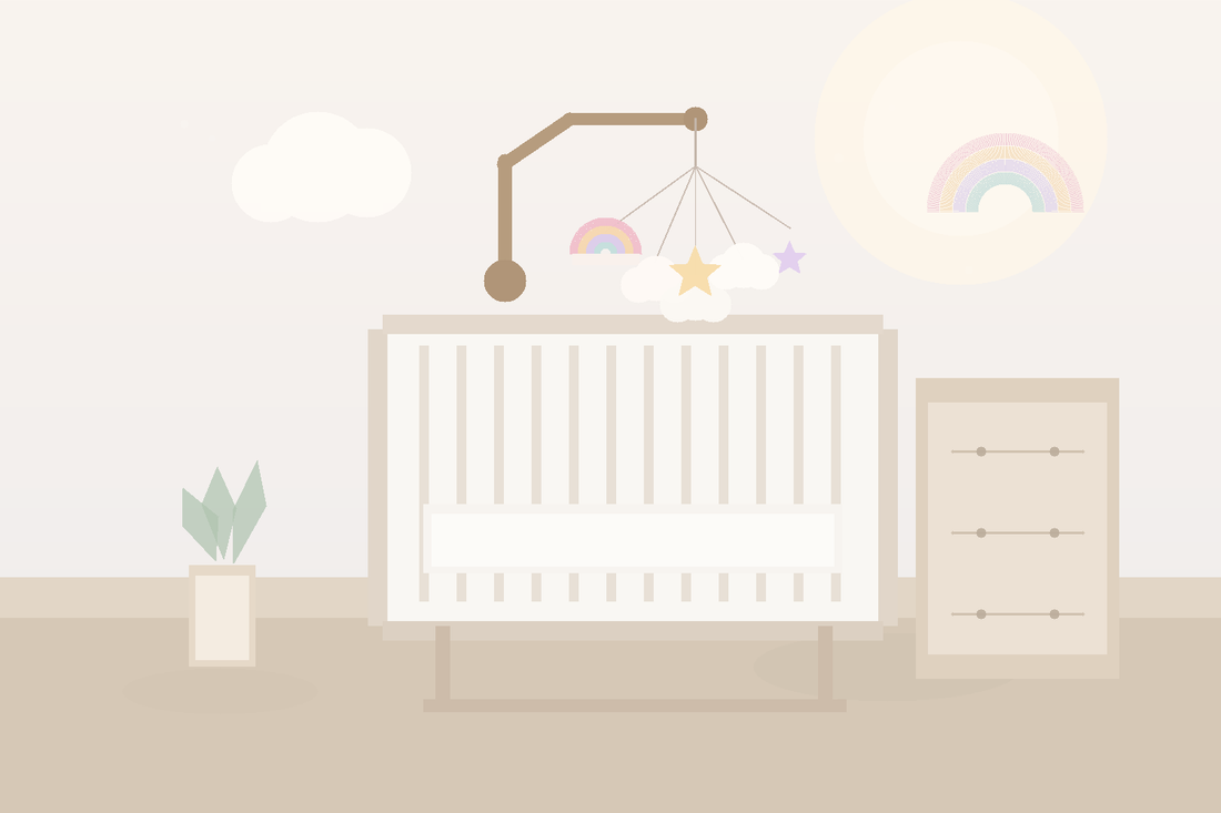 Soft modern nursery with a pastel rainbow and cloud baby mobile hanging high above a bare crib in gentle natural light
