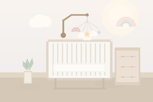 Soft modern nursery with a pastel rainbow and cloud baby mobile hanging high above a bare crib in gentle natural light