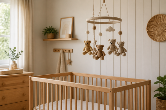 Cozy modern nursery with a teddy bear baby mobile hanging high above a bare crib in warm natural light