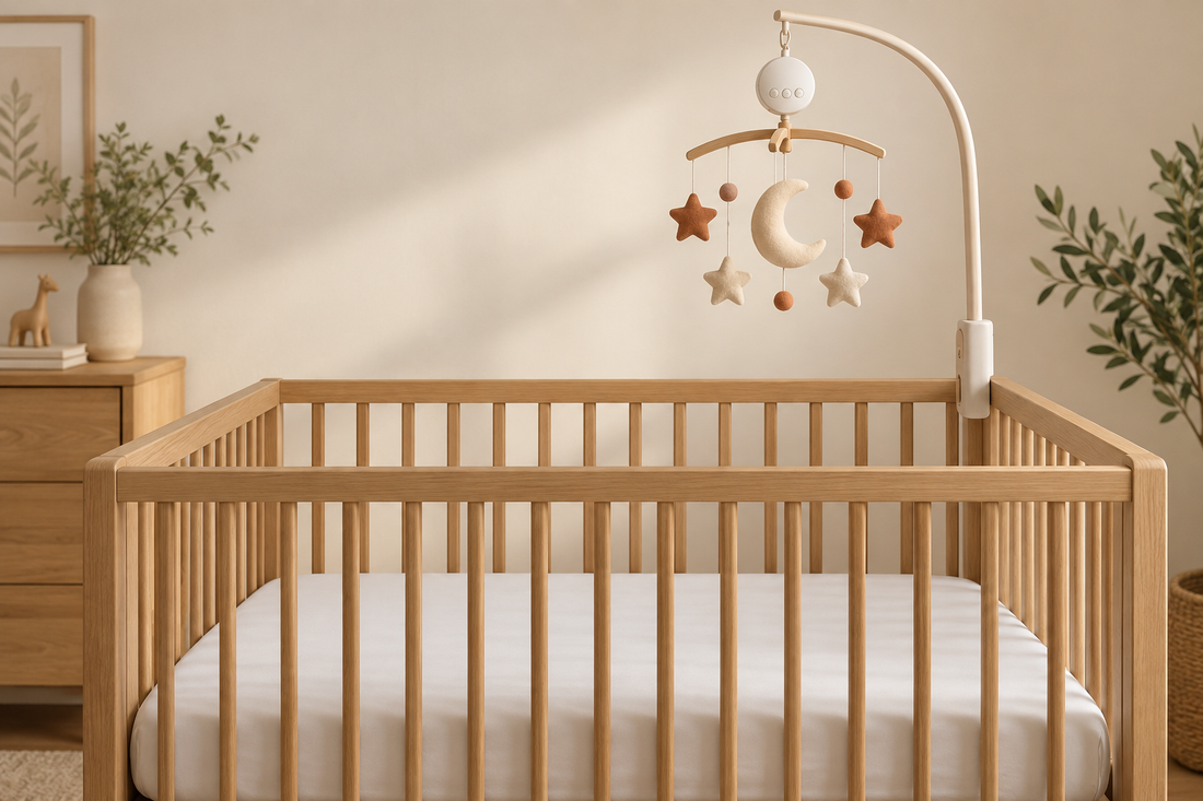 Cream and terracotta moon-and-star mobile with a white music housing mounted high above a bare oak crib