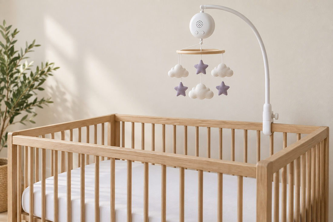 Lavender and cream cloud-and-star mobile with a white music unit mounted high above a bare oak crib