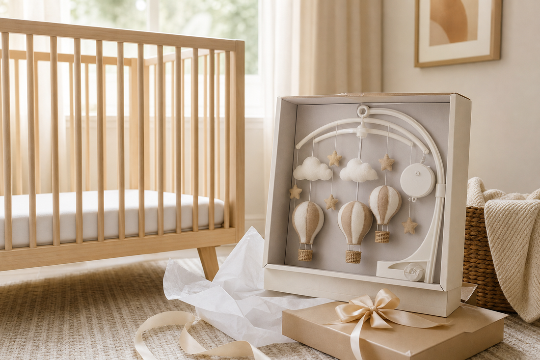 Boxed baby mobile registry gift set beside a bare crib in a soft modern nursery
