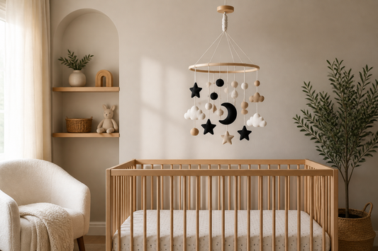 Soft modern nursery with a high-mounted baby mobile featuring black, white, and warm neutral shapes above a bare crib in gentle daylight