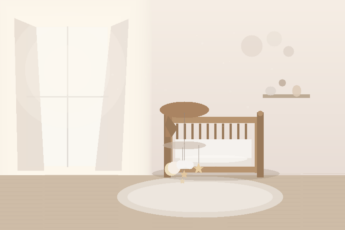Soft modern nursery with a moon and star baby mobile hanging high above a bare crib in gentle daylight